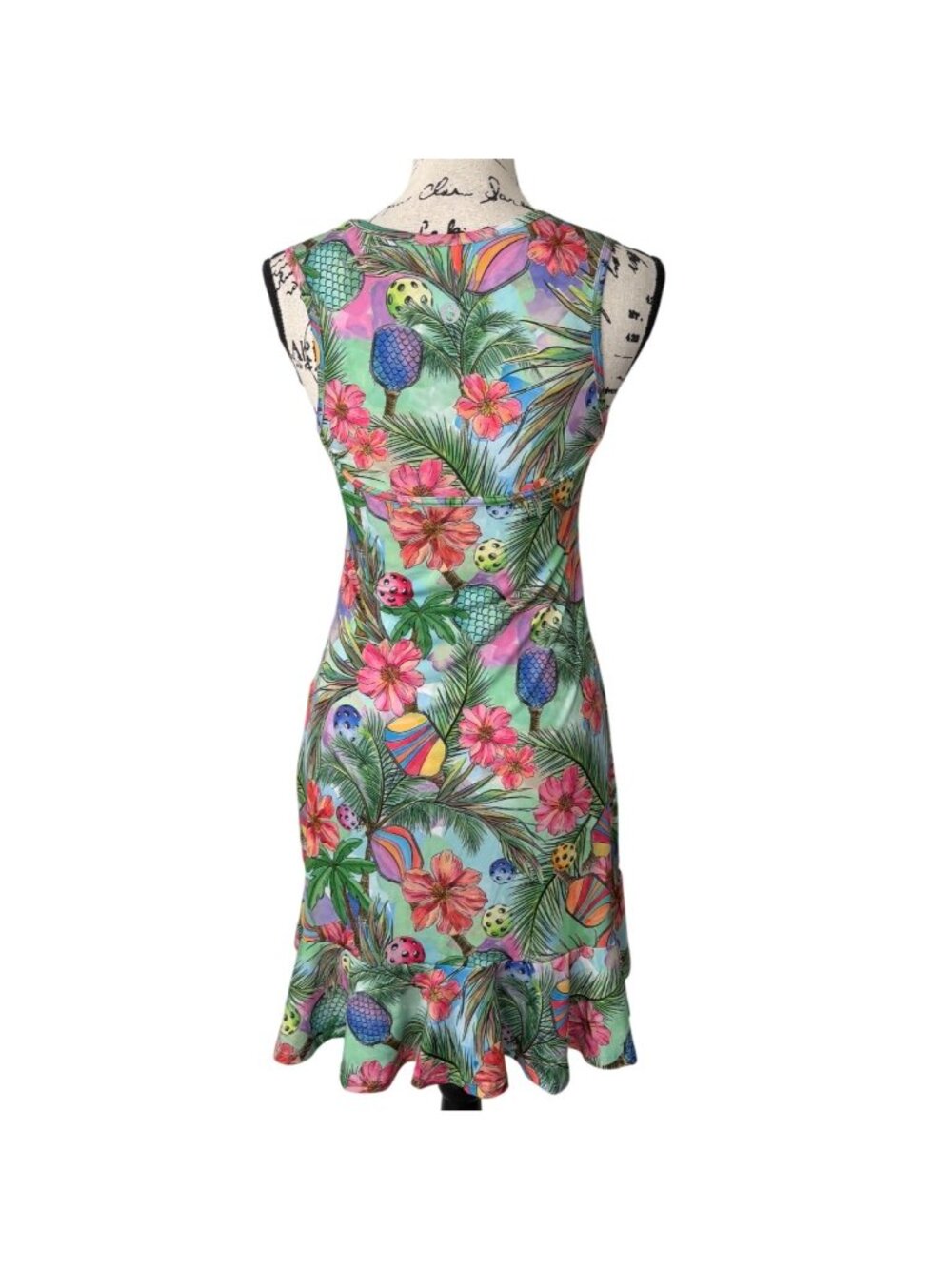 Dona Jo Womens Size S Dress Tropical Pickleball Print Sleeveless Ruffle Hemline - Picture 3 of 7